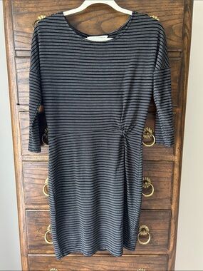 cupcakes & cashmere Black and Gray Striped Midi Dress with Side Twist, Size M